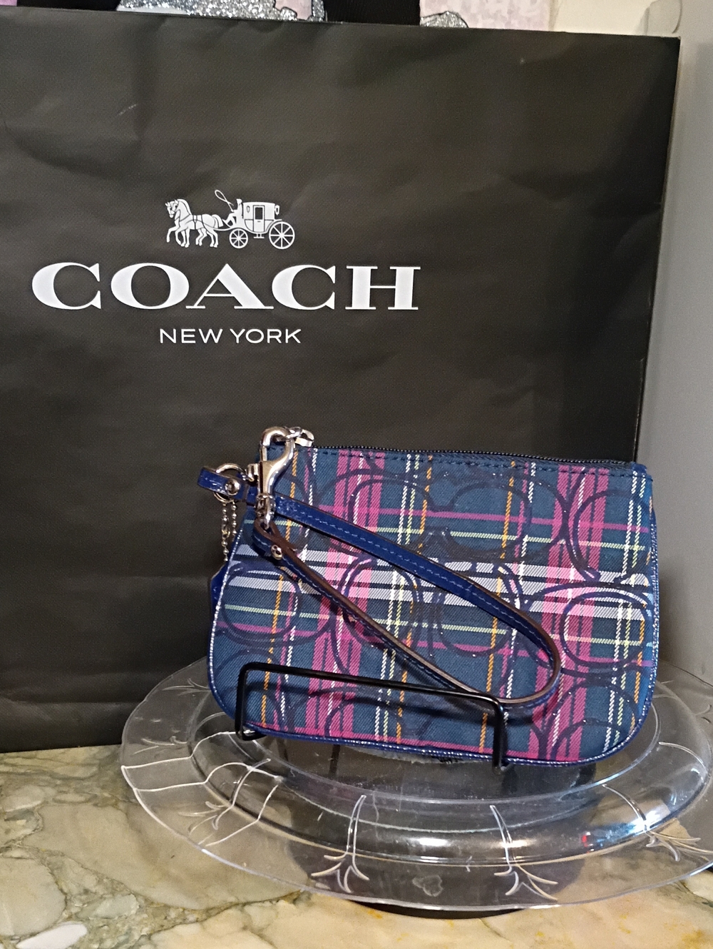 COACH Navy Plaid Wristlet with Pink Accents